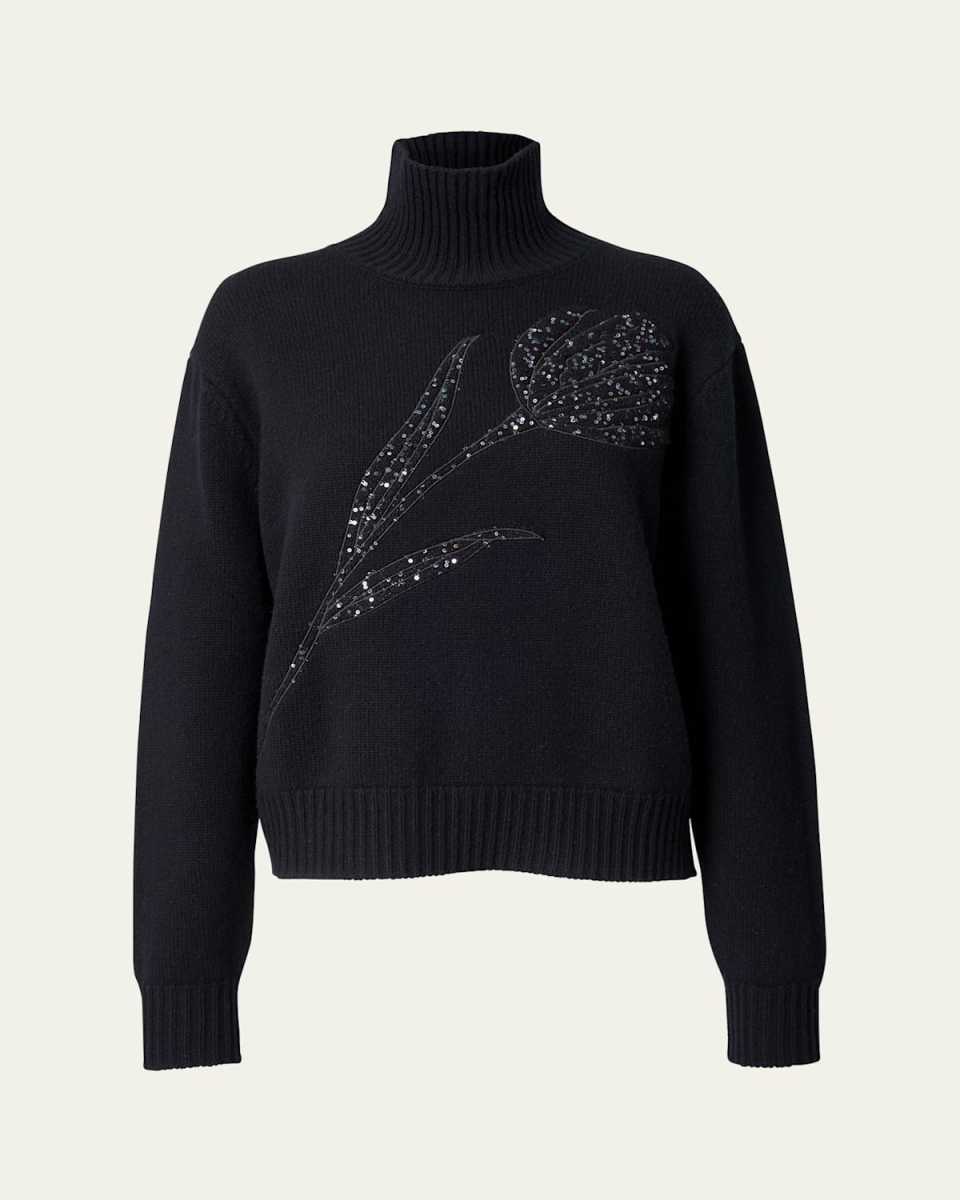 Turtleneck Paillette Rose Wool-Cashmere Sweat